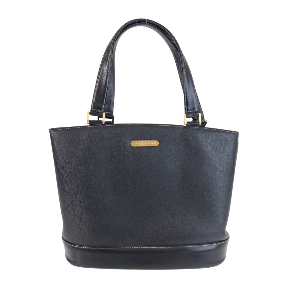 BURBERRY Burberry Check Pattern Black Leather Tote Bag Handbag with Gold Hard...